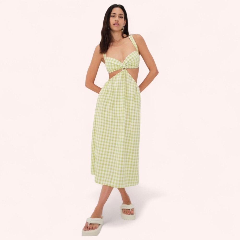 For Love & Lemons Green Gingham Halter Cut Out Maureen Midi Dress NWY Size L